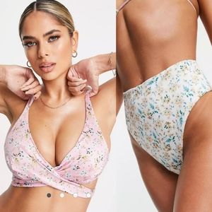NEW ASOS Mixed Floral Print Underwire Wrap Bikini Top & High Waist/Leg Bottoms